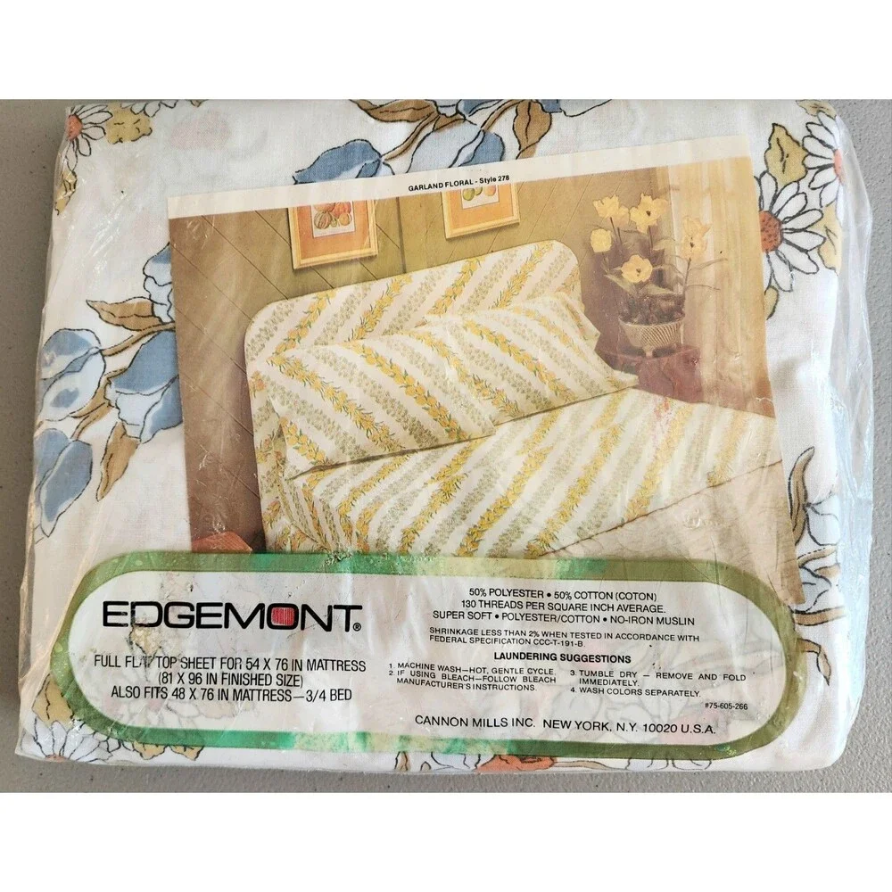 Vintage NWT NOS Cannon EDGEMONT Full Flat Sheet Floral Garlands Muslin  *